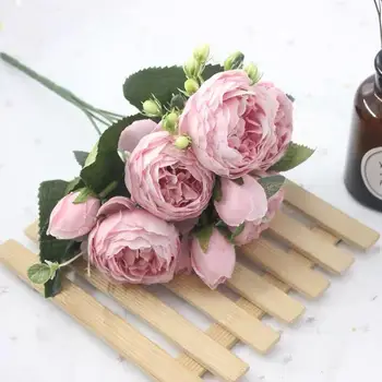1 Puokštė 9 vadovai Dirbtinis Bijūnas, Arbata, Rožių Žiedų Camellia Šilko Netikrą Gėlių flores, 