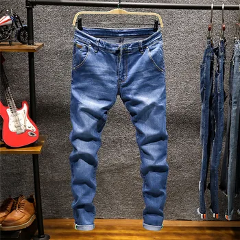 2020 nauji skinny džinsai, vyriški slim-montavimo aukštos kokybės ruožas vyriški džinsai pieštuku kelnės mėlynos spalvos chaki pilka vyrų mados atsitiktinis džinsus