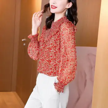 2021 M. Vasarą Naujų Gėlių Šifono Moterų Marškiniai Raukiniai Ilgomis Rankovėmis Elegantiškas Office Lady Išsitraukia Outwear Viršūnės