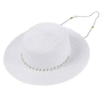 2021 Naujų Perlų Grandinė Flat Top Hat Moterų Moterų Klasikinis Baltas Juodas Platus Kraštų Šiaudų Skrybėlę Korėjos Mados Vasaros Paplūdimio Skrybėlę Nuo Saulės