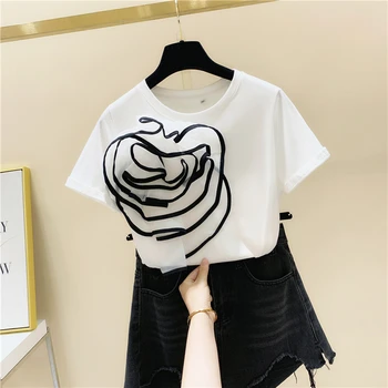 2021 Vasaros korėjos trumpomis Rankovėmis T-shirt apvalus Kaklas trimatis Gėlių Susiuvimo Visi Atitikimo Pusė Rankovėmis T-shirt Moterims