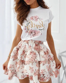 2021 Vasaros Suknelės Moterims Gėlių Raštą, Print T-shirt & Sluoksniuotos Raukiniai Sijonas, Dviejų dalių Komplektas Atsitiktinis Mini Suknelė Tiktų