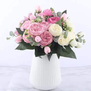 30cm Rose Pink Silk Bijūnas Dirbtinių Gėlių Puokštė 5 Dideli Galvos ir 4 Bud Pigūs Netikrą Gėlės Namuose Vestuvių patalpų Apdaila