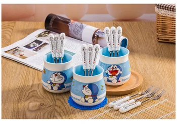 7pcs Keraminiai Stalo reikmenys stalo Įrankiai Virtuvės Animacinių filmų Doraemon Kittyed Dovanos, Šaukštas Šakutė Peilis Nerūdijančio Plieno Dinnerwear Rinkiniai