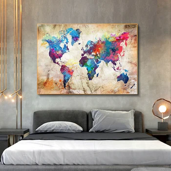 Abstrakti HD Pasaulio Žemėlapyje, Drobė, Tapyba, Plakatas Šiuolaikinės Pop Sienos Meno Miegamojo Kambarį Sienų Apdailai Freskos(be Rėmelio)