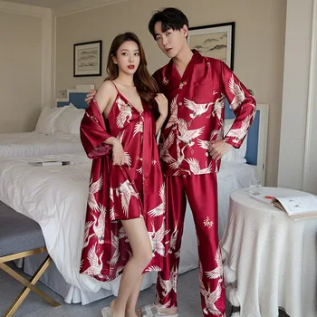 AECU Moterų Pižama Rinkiniai Dirbtiniais Šilko Satino Pižama Nustatyti Moterų Ir Vyrų Sleepwear Pižama Atsitiktinis Homewear Šeimos Pora naktiniai drabužiai