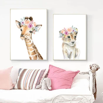 Baby girl spausdinimo gyvūnų žirafa, dramblys, liūtas sienos meno tapybos gyvūnų gėlių karūna meno apdailos drobė, tapyba darželio Pos
