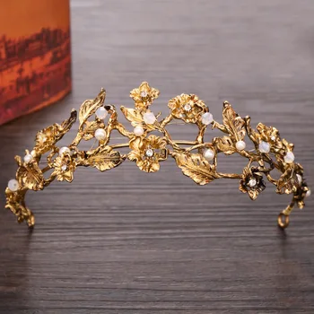 Baroko Aukso Perlas Lapų Nuotakos Tiara Crystal Crown Hairband Vinjetė Tiara Vestuvių Plaukų Aksesuarai Nuotaka Lankelis Valentino