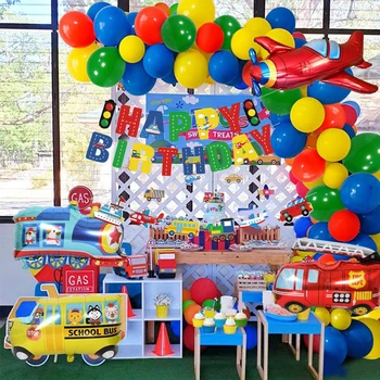 Berniukas vaikų vežimo transporto priemonės gimtadienio apdailos lėktuvo fire truck tortas topper reklama aliuminio plėvelės balionas