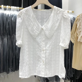 CBAFU balta sluoksniuotos rankovėmis palaidinė moterims vasaros korėja elegantiškos nėrinių kratinys pasukite žemyn apykaklės marškinėliai temperamentas viršūnes kilimo ir tūpimo tako viršūnes N229