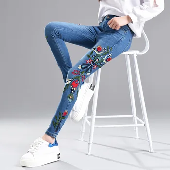 Cotday Siuvinėjimo Džinsai Pieštuku Gėlių 2021 M. Pavasarį Moterys Su Aukštos Juosmens Etninės Stilius Derliaus Pants Plus Size Liesas Džinsai