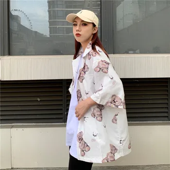 Deeptown Kawaii Lokys Spausdinti Palaidinė Moterims Vasaros Korėjos Trumpas Rankovės Marškinėliai 2021 Harajuku Mados Mygtuką Iki Viršūnės Moterų Drabužiai