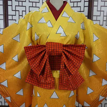 Demon Slayer Agatsuma Zenitsu Cosplay Kostiumas Moterims Kimono Komplektus Helovinas Karnavaliniai Kostiumai