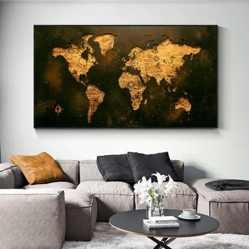 Didelis Retro Žemėlapis Golden Pasaulio Žemėlapyje Plakatas ir Spausdinimo Cuadros Drobės Tapybos Sienos Meno Kambarį Namų Dekoro (be Rėmelio)