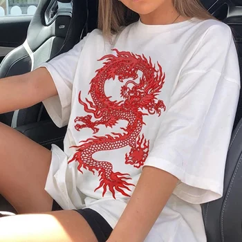 Dragon Print T-Shirt Moterų Plius Dydis-trumpomis Rankovėmis Tumblr Atsitiktinis Naujas Streetwear Hip-Hop viršūnes Harajuku Įdomus Pagrindinio Ponios Summer Tee