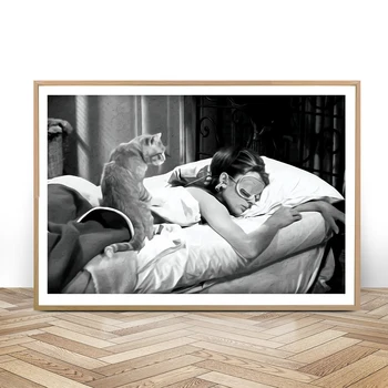 Drobė, Tapyba Juoda ir Balta Spaudinių Audrey Hepburn su Kačių Plakatas Sienos Meno Filmą Derliaus Miegamasis Namų Dekoro