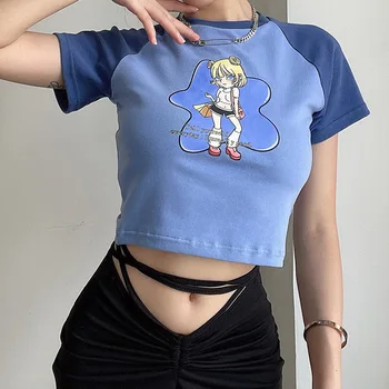 DUAYR Kūdikių Tee Y2k Mados Atsitiktinis Vasaros Moterų Viršūnių Animacinių filmų Kawaii Slim Mėlynos Medvilnės marškinėliai Harajuku Streetwear Seksualus Pasėlių viršų