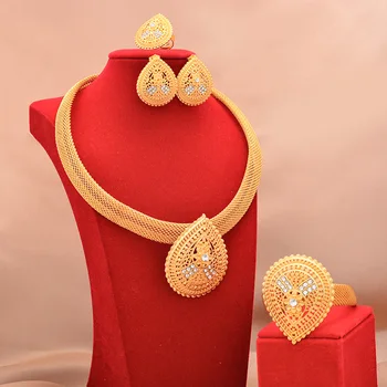 Dubajus Papuošalų rinkiniai 24K auksu prabanga Afrikos vestuvių dovanos, vestuvių apyrankės karoliai, auskarai, žiedas, papuošalų rinkinys moterims