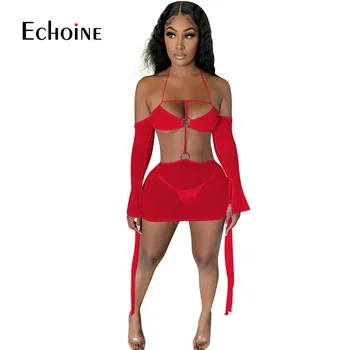 Echoine 2021 m. Vasaros Paplūdimio Tinklinio 2 dalių komplektas Apynasrio Suknelės Seksualus Matyti Per Moterys Clubwear Šalis Suknelė Tuščiaviduriai Iš Liesas Outifits