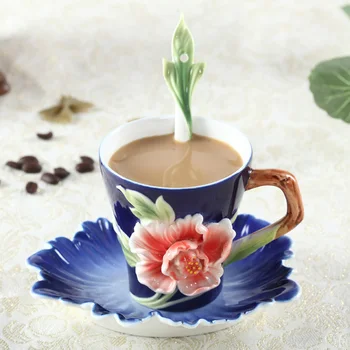 Emalio Kaulų Kinija Kavos Puodelius su Lėkštelėje Šaukštu Bijūnas Aftroon Arbatos Puodeliai Vandens Kūrybos Coffeeware