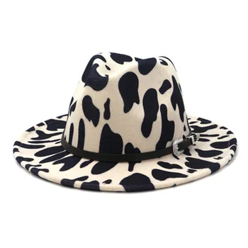 Fedora skrybėlės rudenį, žiemą karvės spausdinti diržo juostos moterų žiemos skrybėlės kupranugaris chaki balta džiazo kepurės atsitiktinis sukurta veltiniai moterų skrybėlę naujas