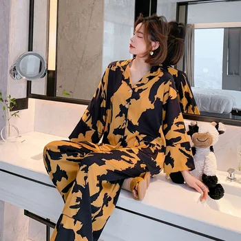 Fiklyc Gėlių Spausdinti Seksualus Moterų Outwear Ledo Šilko Ilgas Kelnes Rankovės Pavasario Pižama Nustato Naujus 2021 Vogue naktiniai drabužiai Pijamas Karšto