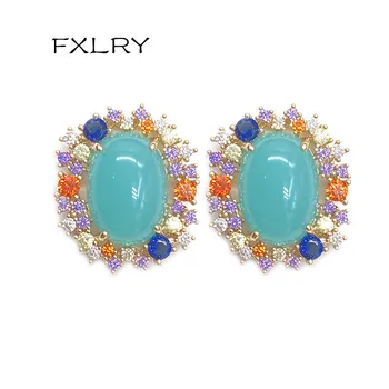 FXLRY naujo dizaino apdaila cirkonis mados mėlynas akmuo, ovalo formos stud auskarai moterims Fine Jewelry