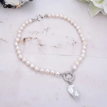 GG Papuošalai Gamtos Dirbtiniu būdu išauginti perlai White Baroko Perlas Karoliai CZ Baroko Keshi Perlų Pakabukas Moterims Lady Dovana