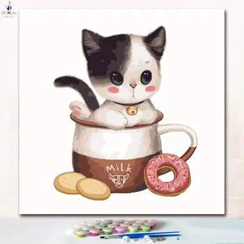 Gyvūnų Katės puodelio skaitmeninis aliejaus tapybai spalvos numerius, nuotraukas iš skaičių su spalvomis ir teptuku vaikams mokymosi dažai