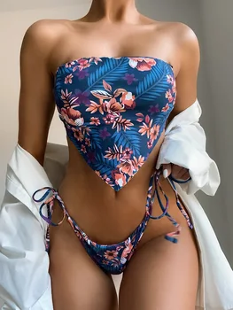 Gėlių Bandeau Bikini Moterims maudymosi Kostiumėliai, Moterų maudymosi kostiumėlį Dviejų vienetų Bikini nustatyti Stebėjimo Brazilijos Bather Maudymosi Kostiumą Plaukti