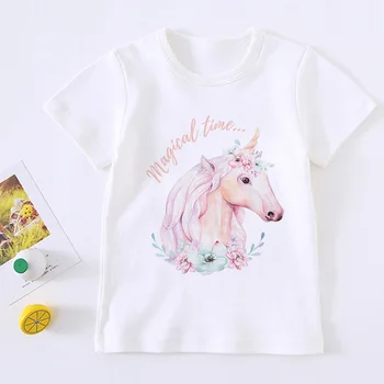 Harajuku Korėjos Dizainas, Apvalios Kaklo Baby Boy Marškinėliai Mados Mielas Vienaragis Mergina Marškinėliai Vaikų Vaivorykštė Arklių Cartoon Kids Marškinėliai