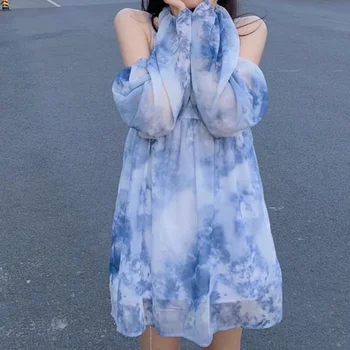 HOUZHOU Seksualus Šifono Suknelė Vasaros Slydimo ilgomis Rankovėmis Mini Suknelė Off Peties Paplūdimio Sundresses Moterų Mėlyna Fėja Apynasrio