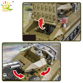 HUIQIBAO Karinio Modelio Blokai 485pcs WW2 Gesinimo Transporto priemonė Bakas su 2 Kareivis Armijos Ginklu Plytų Žaislai Vaikams