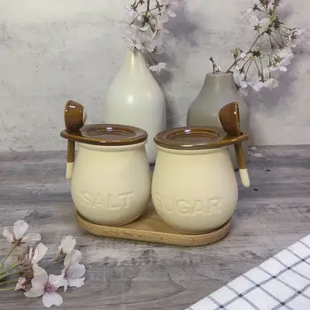 Japoniška Keramika Mielas Salt Shaker Cukraus Dubenėlis su Šaukšteliu ir Dangteliu Prieskonių Indelį Namų Virtuvės Įrankiai, Keramikos Jar
