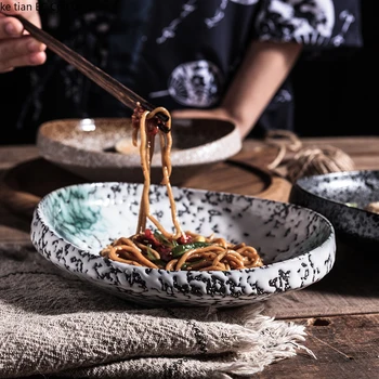Japonų stiliaus aukštos kokybės tekstūra specialios formos keraminės plokštės retro indai, namų apyvokos 8 colių vakarienė plokštės storio krašto plokštė