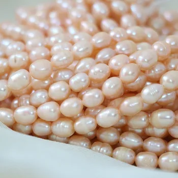 Karšto pardavimo gamtos dirbtiniu būdu išauginti orange pearl 7-8mm maždaug ryžių prarasti karoliukų mada moterims vestuvėms šalies juvelyrikos priėmimo 15inch B1333