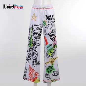 Keista Puss Grafiti Spausdinti Hip-Hop Kelnės Moterims Tvarstis Baggy Aukšto Juosmens Ilgos Kelnės Medvilnė Streetwear Atsitiktinis Sweatpants Dugnas