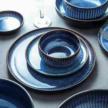 KINGLANG Keramikos Deep Blue Vakarienė Nustatyti Porceliano Indų Rinkinys 2/4 asmuo, Naudokite Dubenėlį Patiekalas