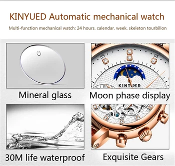 KINYUED Naujo Dizaino, natūralios Odos Diamond Ekranas Tourbillion Automatinis Mechaninis laikrodis Mens Watches Top Brand Prabanga J025