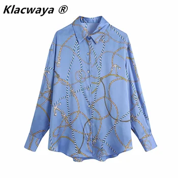 Klacwaya Moterų 2021 Mados Spausdinimo Palaidinės Derliaus Atvartas ilgomis Rankovėmis Mygtuką-iki Moterų Marškiniai Blusas Prašmatnus Viršūnės