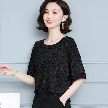 Korėjos Stiliaus China Moterų Marškinėliai Topai Blizgučiai Tunika Palaidinės Moterims, Atsitiktinis, Kietas Blizgesį Plius Dydis Laisvi Marškinėliai Moterims Naujos 12853
