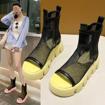 Kvėpuojantis tinklelio storio obcasie trumpi batai moterims pavasario/vasaros 2021 odos storio-soled tuščiaviduriai Martin batai, sandalai, basutės