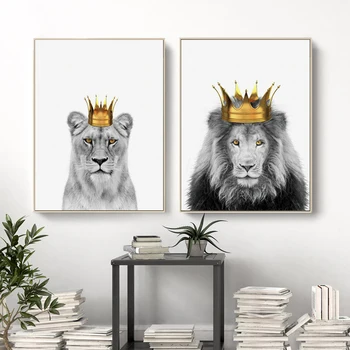 Liūtas, o Liūtas su Karūna Drobės Plakatas Pievų Karalius Gyvūnų Sienos Menas Spausdinti Tapybos vaikų Darželio Sienos Meno Nuotrauka už Kambarį