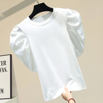 Mados Sluoksniuotos Rankovėmis Baltos Medvilnės T Marškinėliai Moterims Korėjos Stilių Kratinys O-Kaklo Trumpomis Rankovėmis Baggy Laisvi Juodas Moterų Topai