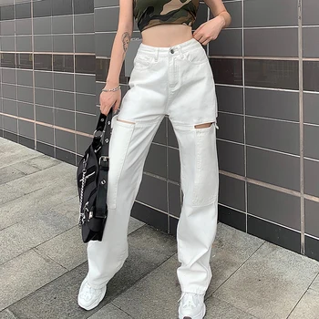 Mados Tuščiaviduriai Iš Baltos spalvos moteriški Džinsai Streetwear Didelis Juosmens Mygtuką Džinsinio audinio Kelnės Derliaus Tiesiai Harajuku Krovinių Kelnės