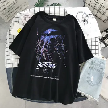 Marškinėliai 2021 Hip-Hop Streetwear Griaustinio Žaibas T-Shirt Harajuku Tshirts Vasaros Trumpomis Rankovėmis Atsitiktinis Vatos Pagaliukai Tees Juoda