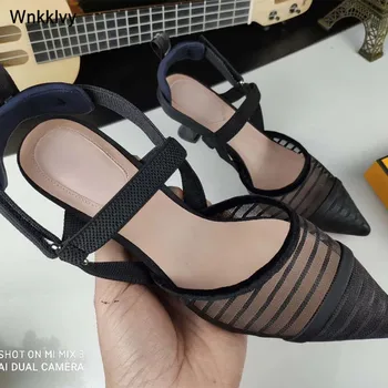 Metalo Kitten heel sandalai moterims čiurnos dirželis 2020 metų vasaros suknelė bateliai slingback pažymėjo tne juostele adatos (stiletai) oro akies seksualus siurbliai