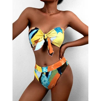 Mossha Brazilijos aukšto juosmens bikini 2021 Bandeau mazgas maudymosi kostiumėlį Colorblock spausdinti maudymosi kostiumėliai moterims Seksualus push maudymosi kostiumą Paplūdimio