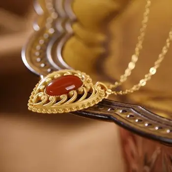 Nauja sidabro inkrustacijos tuščiaviduriai širdies formos pakabukas karoliai Kinijos retro stiliaus unikalus senovės aukso amatų moterų prekės papuošalai
