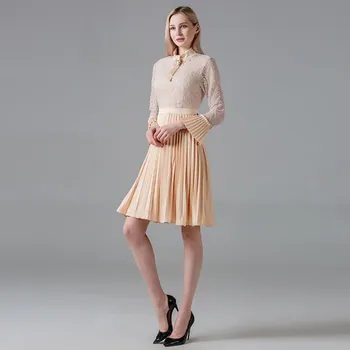 Naujas 2021 Pavasario Mados Nėriniai Kratinys Plisuotos Suknelės Derliaus Prancūzijos Elegantiškas Blyksnius Rankovės Šalis Suknelė